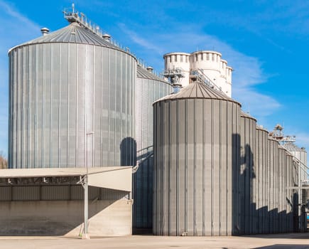 Agricultural Silo. Building Exterior.  Storage and drying of grains, wheat, corn, soy,  against the blue sky with clouds