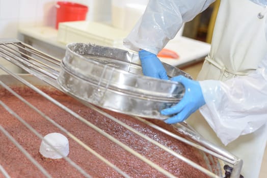 Factory worker sieving ingredient into vat of food