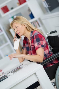 disabled woman in wheelchair making professional call