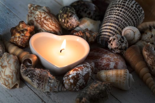 Peaceful heart shaped candle surrounded by sea shells.