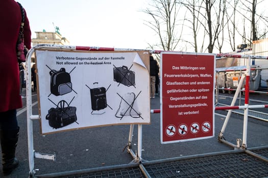 Sign of prohibited items at the entrance to the New Year's Eve party at the Brandenburg Gate on 30.12.2016 in Berlin