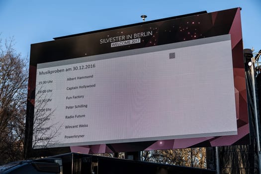 Screen with rehearsal dates of different bands for the New Year's Eve party at the Brandenburger am Tor on 30.12.2016 in Berlin