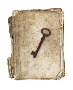 Worn and tattered book and old rusty key on a white background