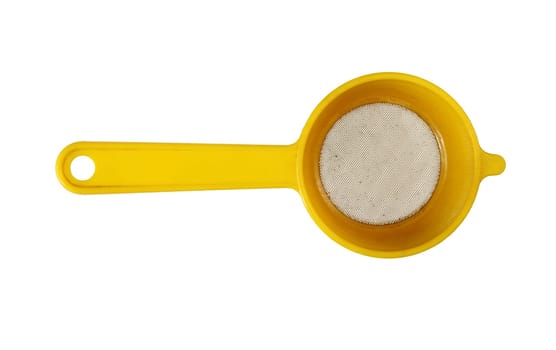 Yellow plastic colander on white background