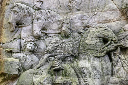 Kuks Forest Sculptures - Arrival of the Magi - detail of the Baroque relief by Matthias Bernard Braun from 1727, Czech Republic. Braun's nativity are statues and a sandstone reliefs in the woods near Kuks village. These statues were carved by famous sculptor Matthias Bernard Braun in the years from 1711 to 1734. Since 2002 is the area protected as a National Historic Landmark and were listed in the 2000 World Monuments Watch by the World Monuments Fund..