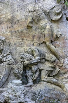 Kuks Forest Sculptures - Adoration of the Shepherds - detail of the Baroque relief by Matthias Bernard Braun from 1727, Czech Republic. Braun's nativity are statues and a sandstone reliefs in the woods near Kuks village. These statues were carved by famous sculptor Matthias Bernard Braun in the years from 1711 to 1734. Since 2002 is the area protected as a National Historic Landmark and were listed in the 2000 World Monuments Watch by the World Monuments Fund..