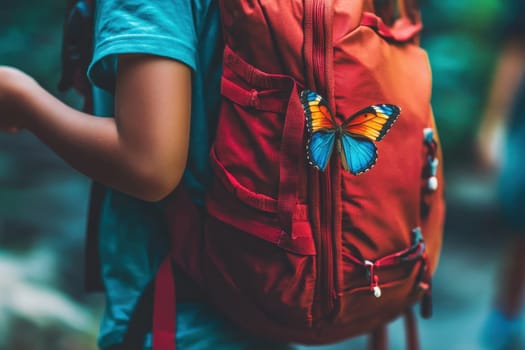 A vibrant butterfly rests on a red backpack in a lush outdoor setting. This serene moment captures a connection with nature, highlighting adventure and exploration.