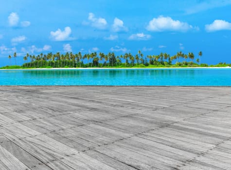 tropical beach in Maldives with few palm trees and blue lagoon