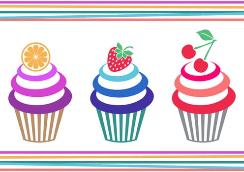 Vector illustration of three isolated colorful fruit cupcakes