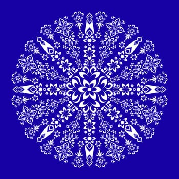 White vintage ornamental round floral design on blue