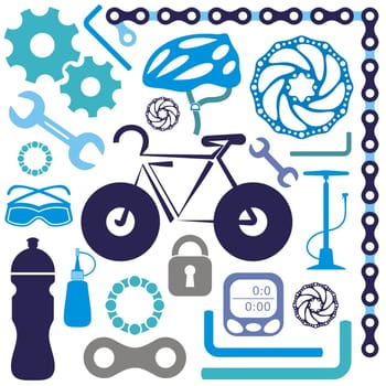 Colorful collection of bicycle accessories vector silhouette icons