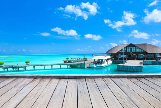 tropical beach in Maldives with few palm trees and blue lagoon..