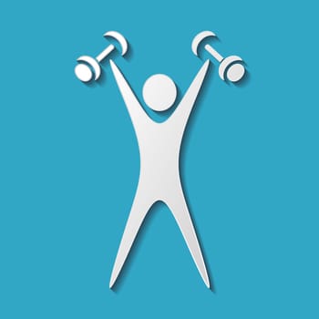 White exercising figure with dumbbells on blue background