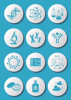 Blue molecular biology science icons on white buttons
