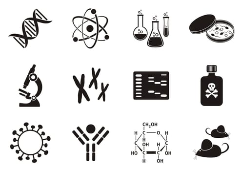 Set of twelve black molecular biology science icons