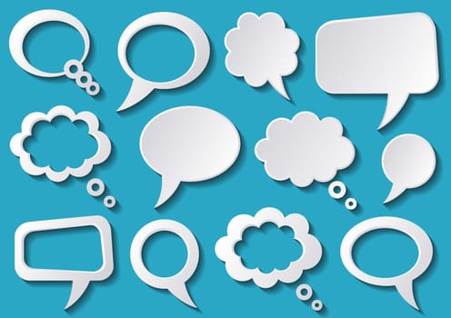 White speech bubbles with shadows on blue background
