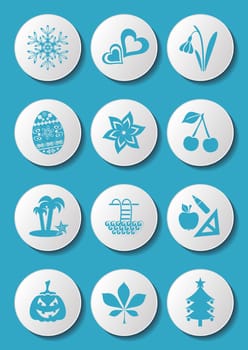 Blue calendar month symbols collection on white buttons