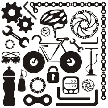 Black collection of bicycle accessories vector silhouette icons