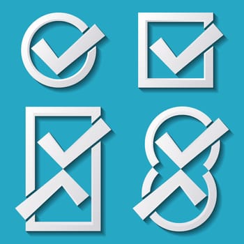 White tick icons with shadows on blue background