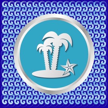 Button with palm tree on sea waves background