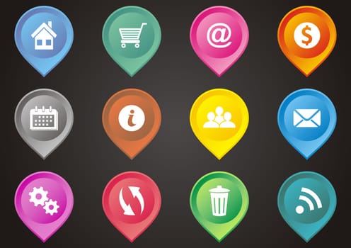 Set of colorful map pointers with web icons