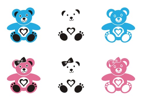 Set of cute teddy bear icons with heart