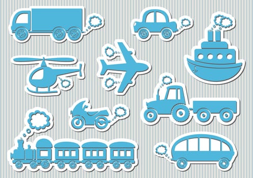 Set of cute blue means of transport icons