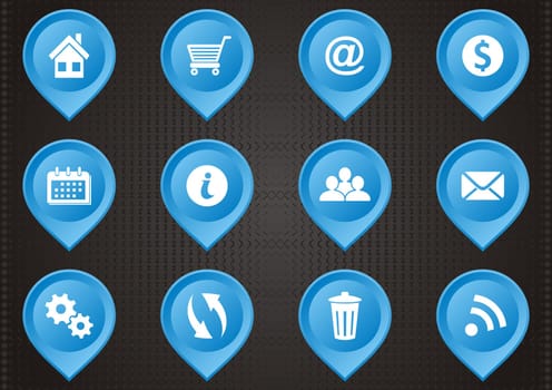 Set of blue map pointers with web icons