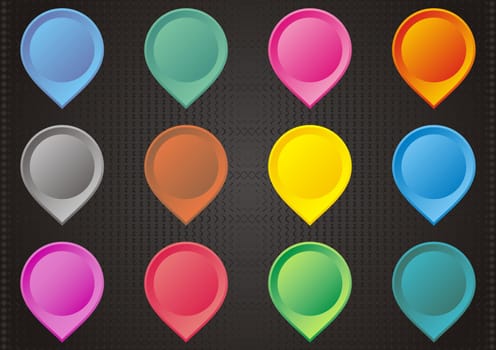 Set of colorful map pointers on black background