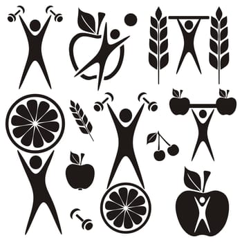 Healthy food and fitness symbols and exercising figures