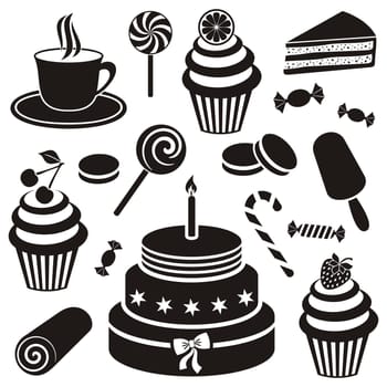 Black desserts and sweets icon vector silhouette collection