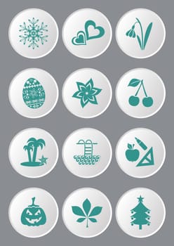 Green calendar month symbols collection on white buttons