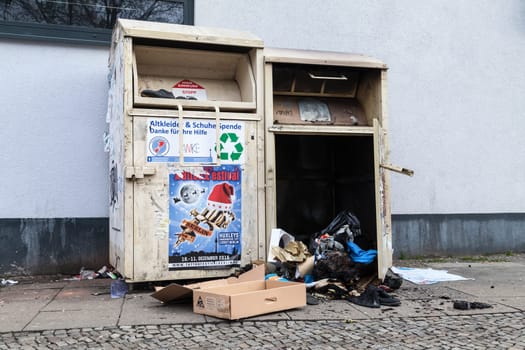 Damaged used clothing container in Berlin on 1 January 2017