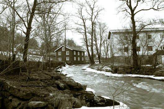 Kungsbacka river with  cold water one grey day in early spring