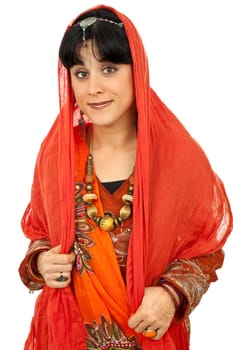 young woman in a hindu dress, isolated on white