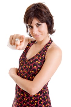 young happy beautiful woman pointing, isolated in white