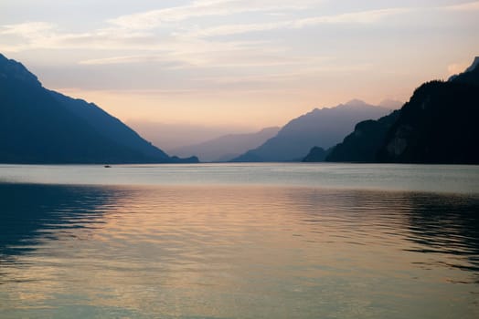 swiss lake at sunset in brienz, Switzerland