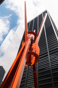 NEW YORK - APRIL 27, 2016: Orange art object at cedar street in downtown manhattan