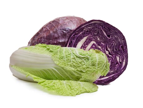 Chinese cabbage and red cabbage on a white background