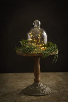 Christmas fairy lights decoration with fir green and eucalyptus on a wooden stand