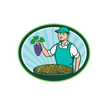 Illustration of a farm boy wearing hat holding grapes with bowl of raisins set inside oval shape with sunburst in the background done in retro style.