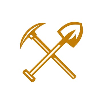 Illustration of a pick axe crossed with shovel viewed from front set on isolated white background done in retro style.