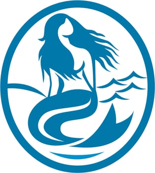 Illustration of a mermaid siren sitting singing looking to the side set inside oval shape with sea ocean in the background done in retro style.