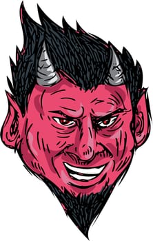 Drawing sketch style illustration of a demon head with horns and goatee viewed from front set on isolated white background.