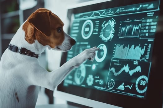 A curious dog explores a futuristic touchscreen display, highlighting the blend of technology and pet interaction. This image depicts innovation, playfulness, and intelligence.