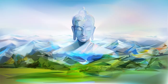 Buddha, mountains and green hills.
