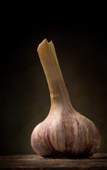 Organic garlic on a rustic wooden table