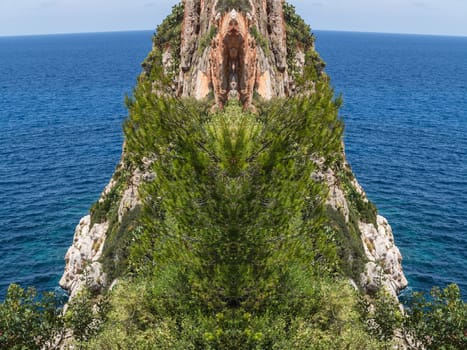 Sea waves and rocks on the steep west coast of Mallorca. .