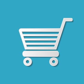 White vector shopping cart icon on turquoise background