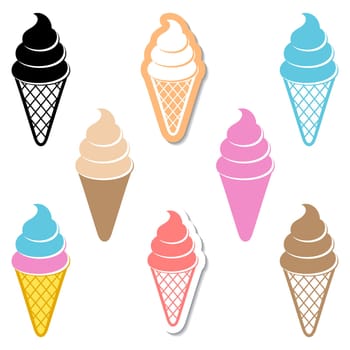 Various sorts of ice cream in waffle cones